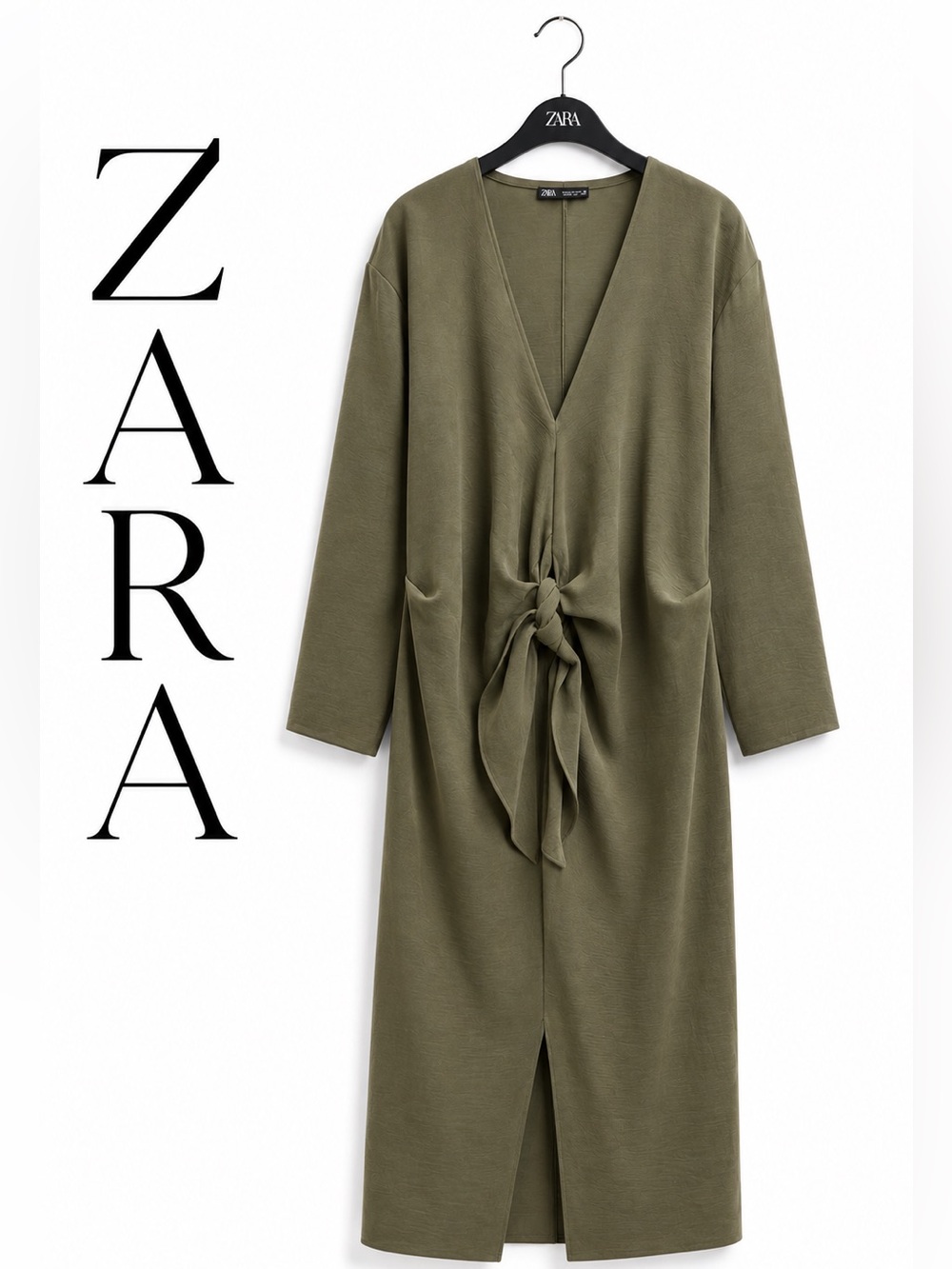 Zara Olive Green Tie-Front Midi Dress Long Sleeve Size L